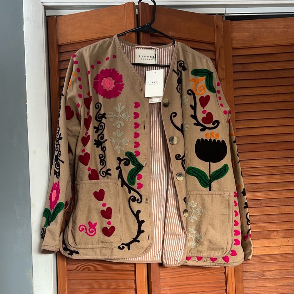 Free People Beige Jacket with Red and Black Embroidery